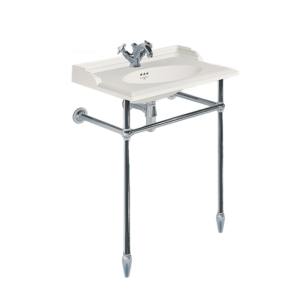 Victorian 630mm basin, basin stand with tapered feet, basin mixer and bottle trap in Chrome
