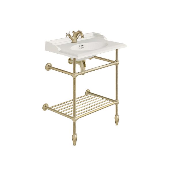 Victorian 630mm basin, basin stand with tapered feet, basin mixer and bottle trap in Satin Brass
