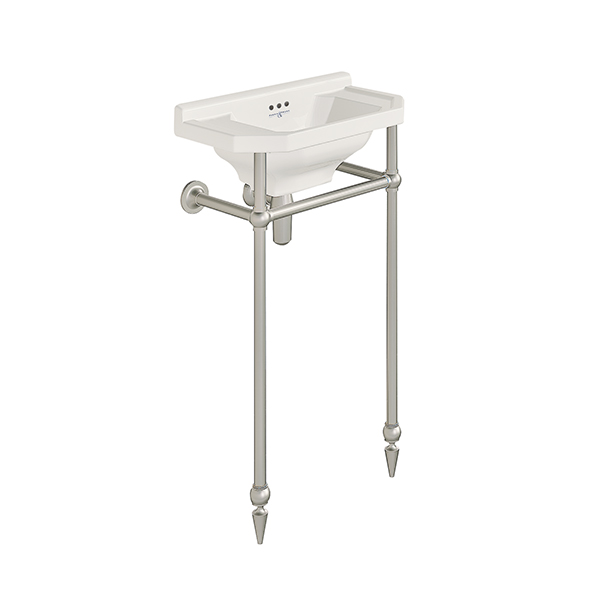 Art Deco 525mm basin, basin stand with traditional joints and pointed feet and bottle trap in Pewter