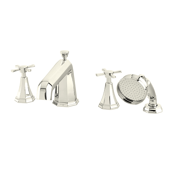 Deco 4 hole hob mounted bath mixer with handshower & crosshead taps