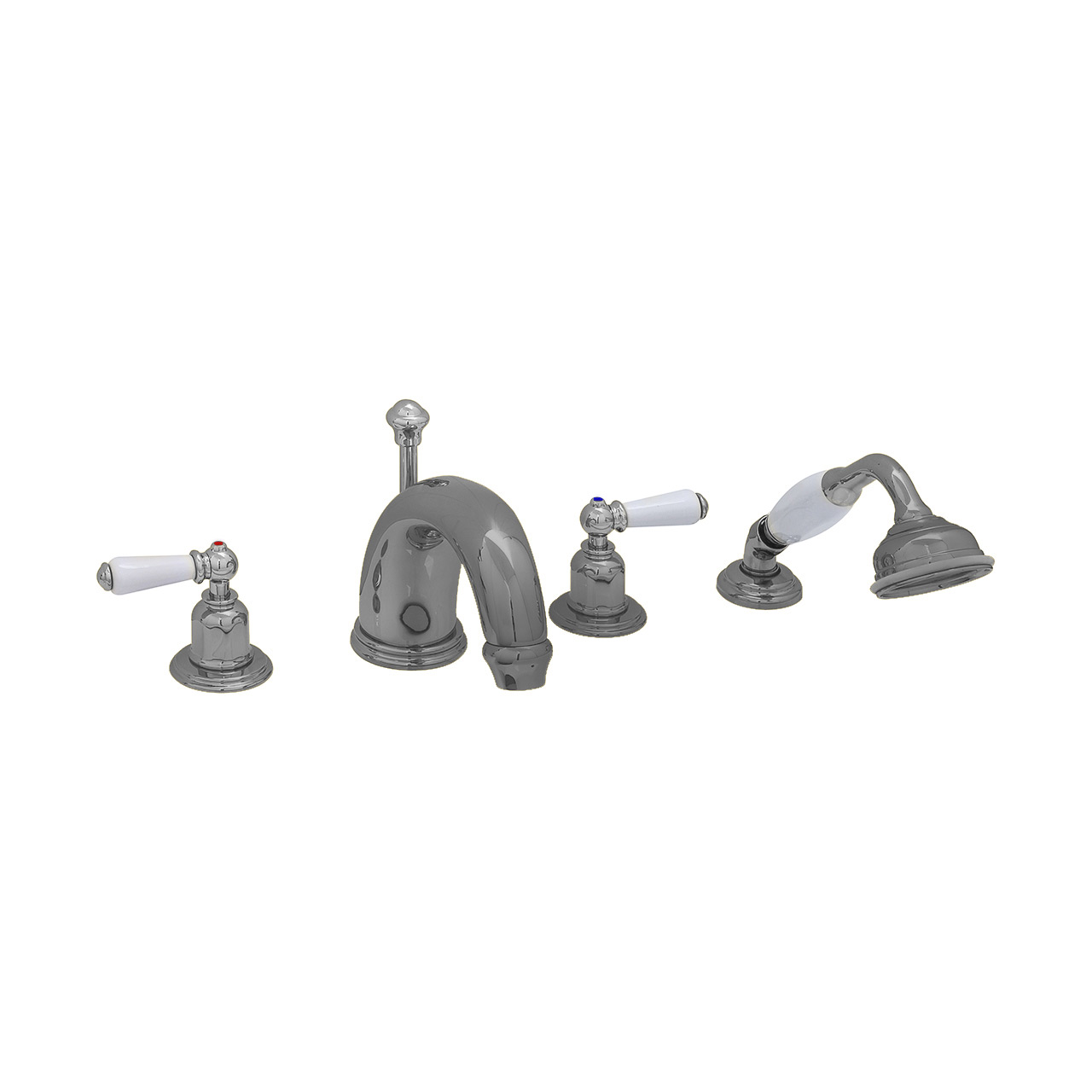 4 hole bath mixer with 180mm high spout, handshower & white porcelain lever taps