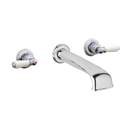 Wall-mounted basin mixer with low spout & white porcelain lever taps