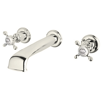 Wall-mounted basin mixer with low spout & crosshead taps