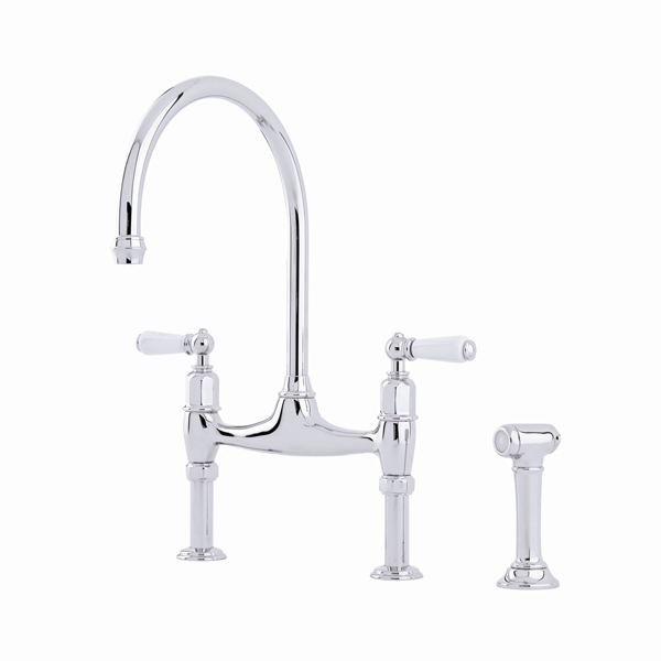Ionian 2 hole bench mounted sink mixer with straight legs, porcelain lever taps & spray rinse