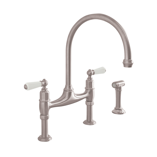 Ionian 2 hole bench mounted sink mixer with straight legs, porcelain lever taps & spray rinse