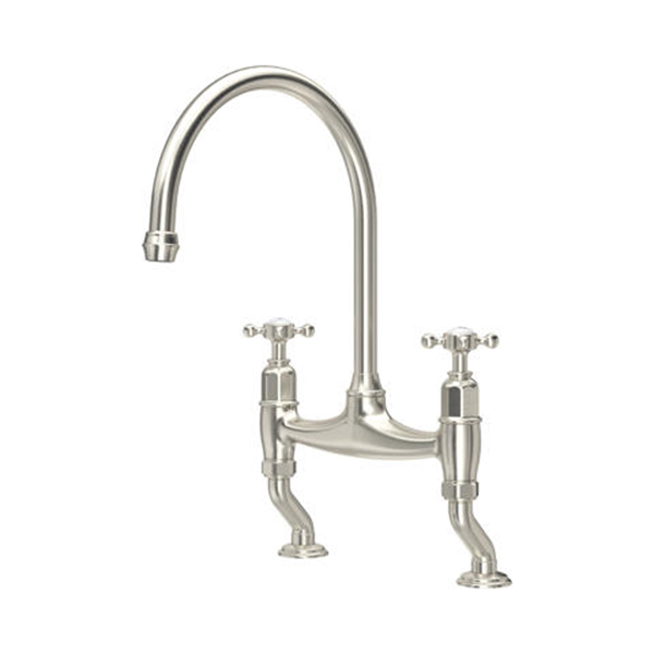 Ionian 2 hole bench mounted sink mixer with offset legs & crosshead taps