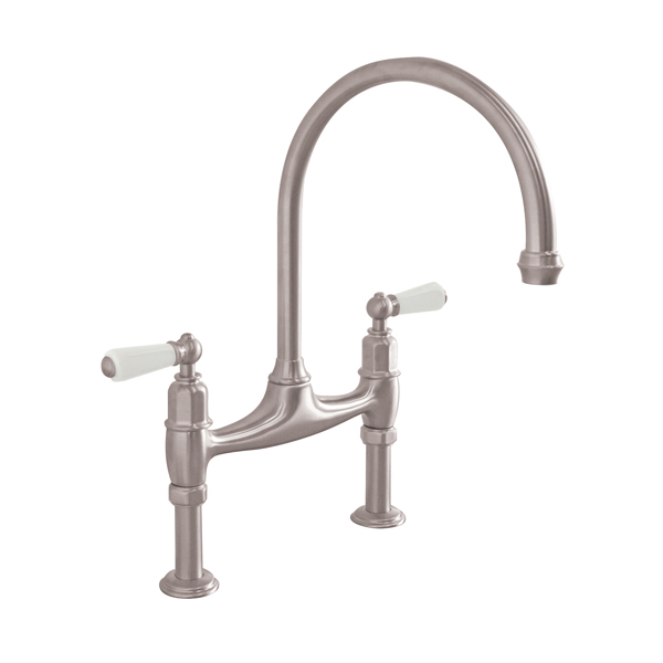 Ionian 2 hole bench mounted sink mixer with straight legs & white porcelain lever taps