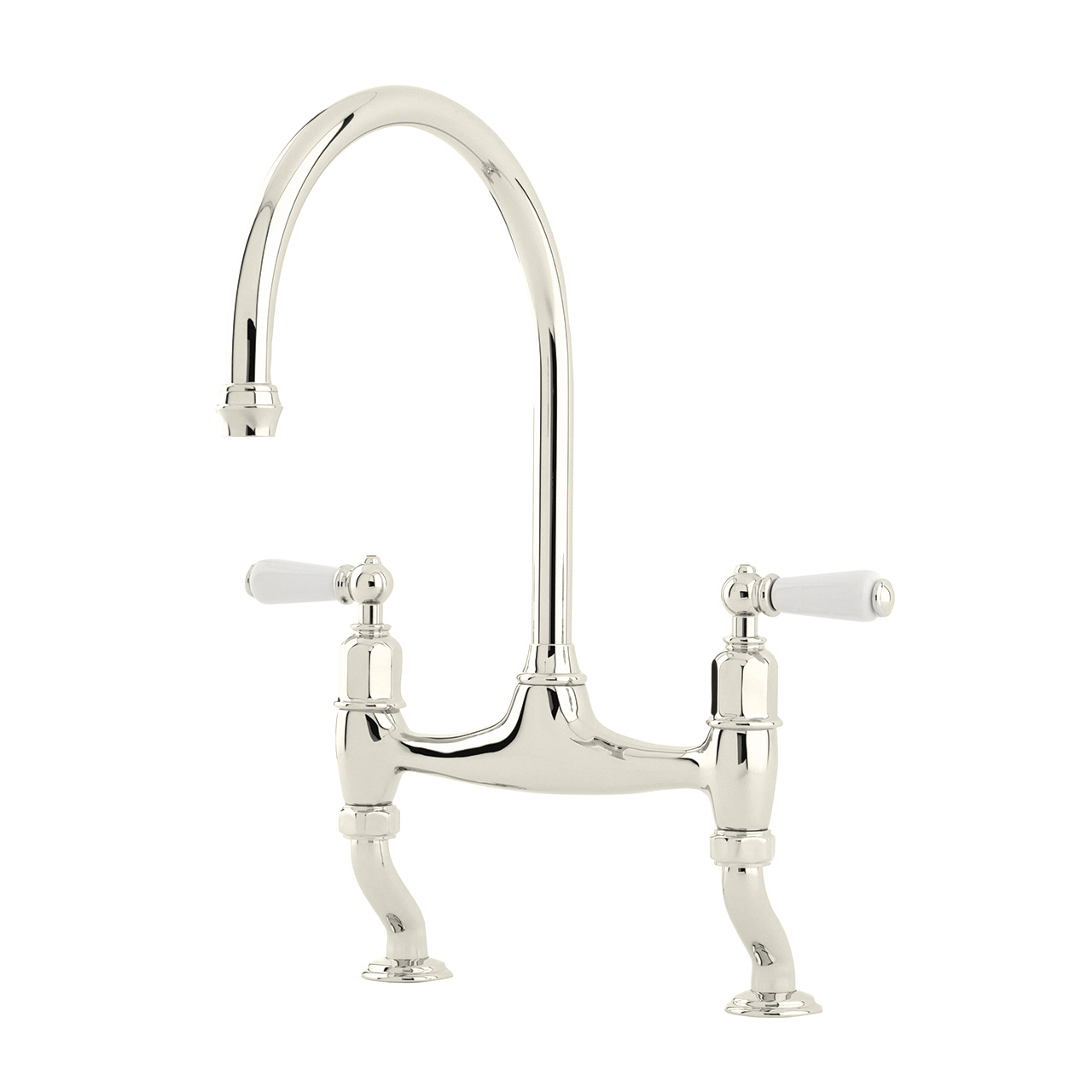 Ionian 2 hole bench mounted sink mixer with offset legs & white porcelain lever taps