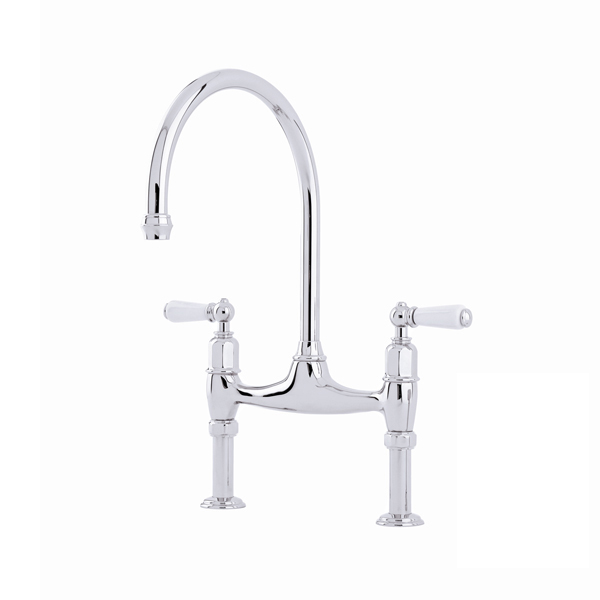 Ionian 2 hole bench mounted sink mixer with offset legs & white porcelain lever taps