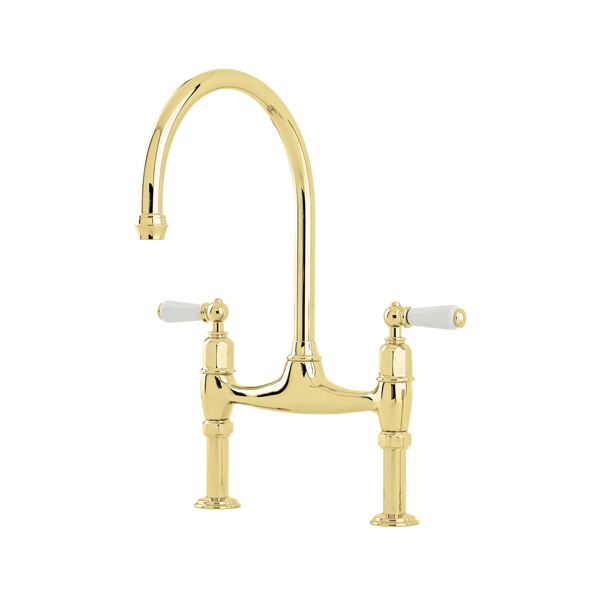 Ionian 2 hole bench mounted sink mixer with offset legs & white porcelain lever taps