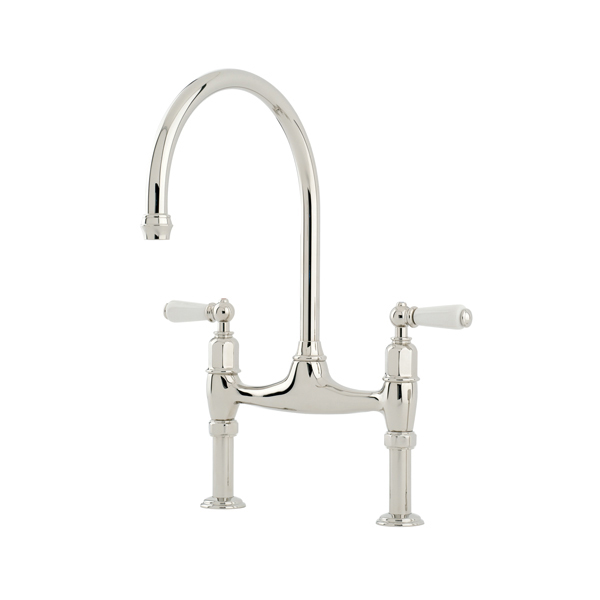 Ionian 2 hole bench mounted sink mixer with offset legs & white porcelain lever taps