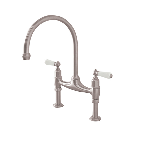 Ionian 2 hole bench mounted sink mixer with offset legs & white porcelain lever taps