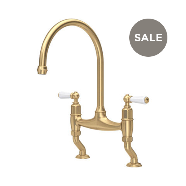 Ionian 2 hole bench mounted sink mixer with offset legs & white porcelain lever taps