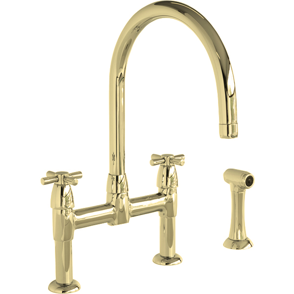 Io 2 hole bench mounted sink mixer with round spout, crosshead taps & spray rinse