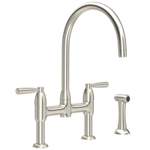 Io 2 hole bench mounted sink mixer with round spout, metal lever taps & spray rinse