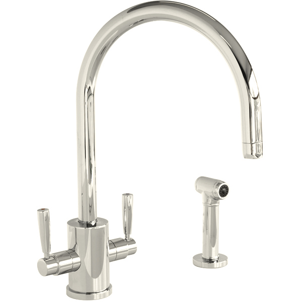 Orbiq 1 hole sink mixer with round spout, metal lever taps & spray rinse