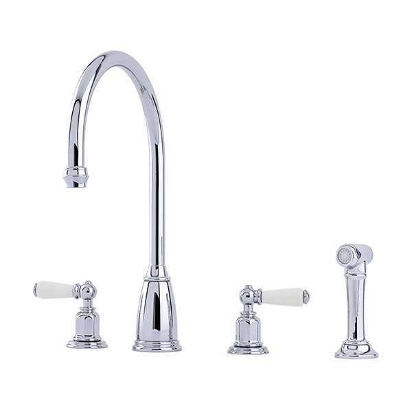 Athenian 4 hole sink mixer with porcelain lever taps & spray rinse