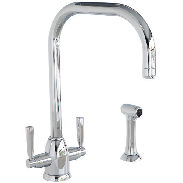 Oberon 1 hole sink mixer with square spout, lever taps & spray rinse