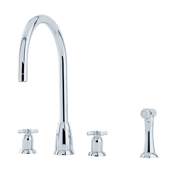 Callisto 4 hole sink mixer with round spout, crosshead taps & spray rinse