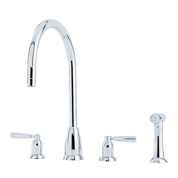 Callisto 4 hole sink mixer with round spout, metal lever taps & spray rinse