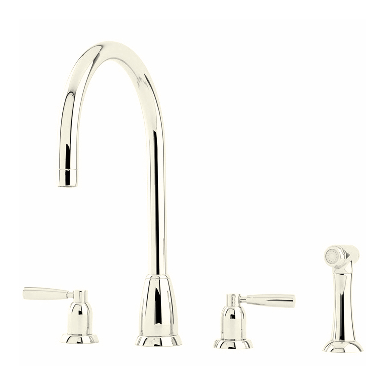 Callisto 4 hole sink mixer with round spout, metal lever taps & spray rinse