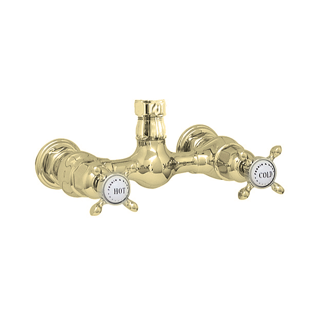Two handle combination mixer with upward outlet and crossheads