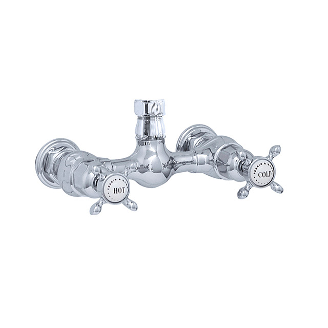 Two handle combination mixer with upward outlet and crossheads