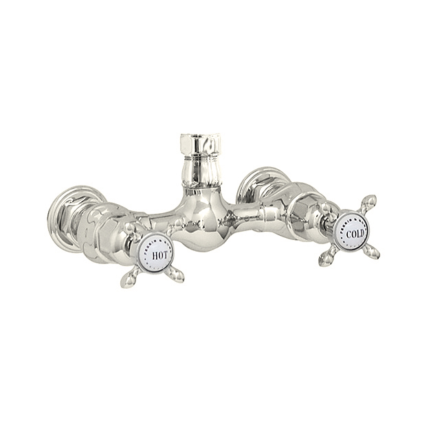 Two handle combination mixer with upward outlet and crossheads