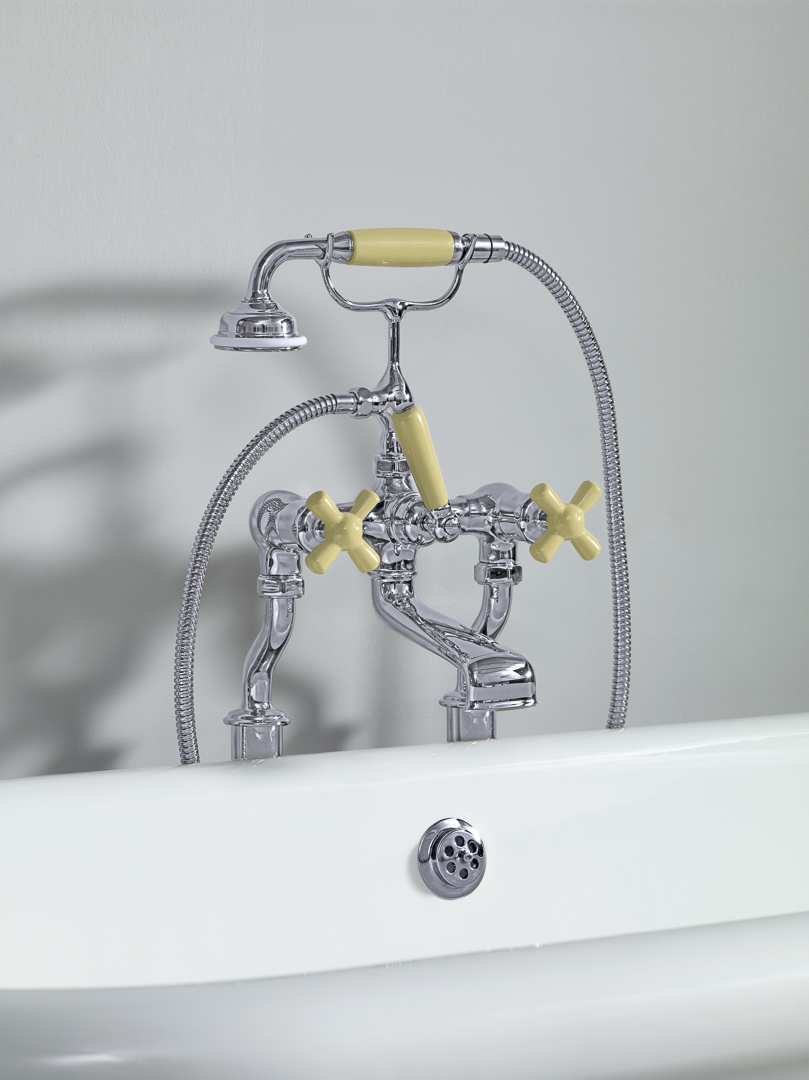 Rockwell bath filler on floorlegs with metal/coloured crosshead taps for Rockwell bath without feet