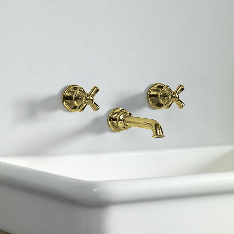 Rockwell wall-mounted basin mixer with 130mm tubular spout & metal/coloured crosshead taps