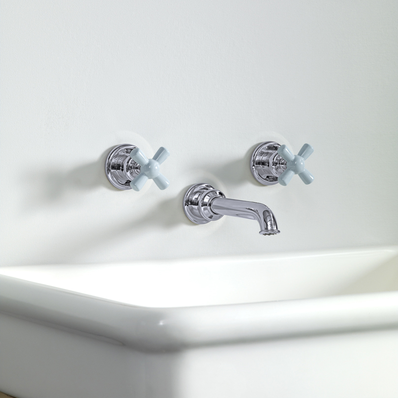 Rockwell wall-mounted basin mixer with 130mm tubular spout & metal/coloured crosshead taps