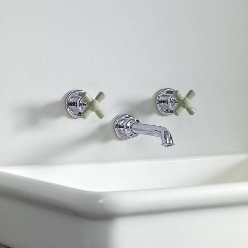 Rockwell wall-mounted basin mixer with 130mm tubular spout & metal/coloured crosshead taps