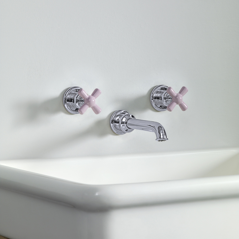 Rockwell wall-mounted basin mixer with 130mm tubular spout & metal/coloured crosshead taps