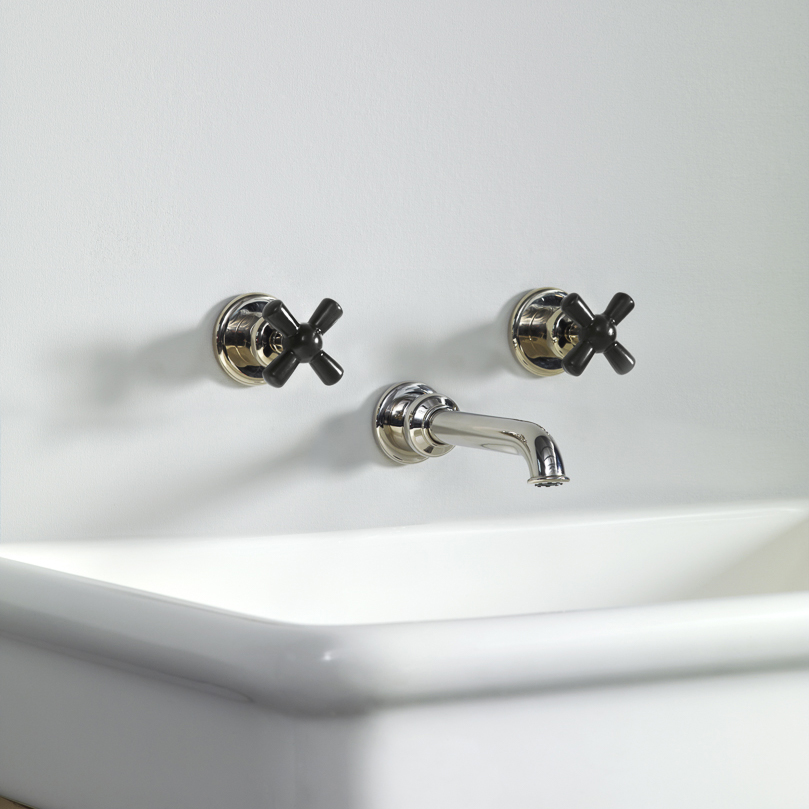 Rockwell wall-mounted basin mixer with 130mm tubular spout & metal/coloured crosshead taps