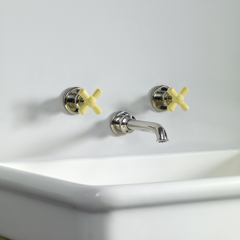 Rockwell wall-mounted basin mixer with 130mm tubular spout & metal/coloured crosshead taps