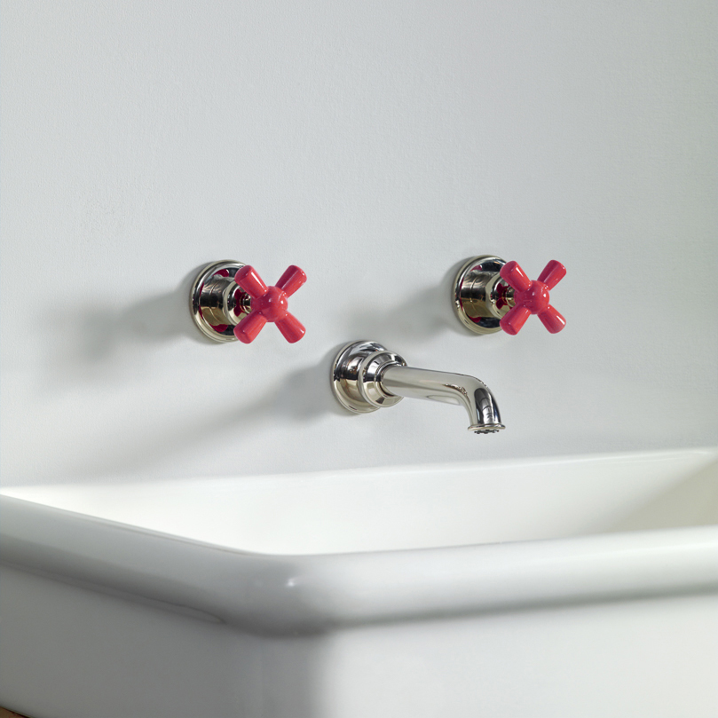 Rockwell wall-mounted basin mixer with 130mm tubular spout & metal/coloured crosshead taps