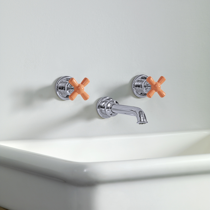 Rockwell wall-mounted basin mixer with 165mm tubular spout & metal/coloured crosshead taps