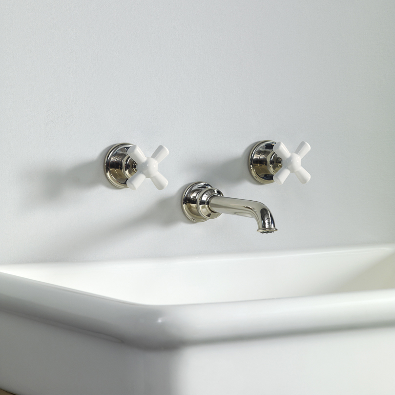 Rockwell wall-mounted basin mixer with 165mm tubular spout & metal/coloured crosshead taps