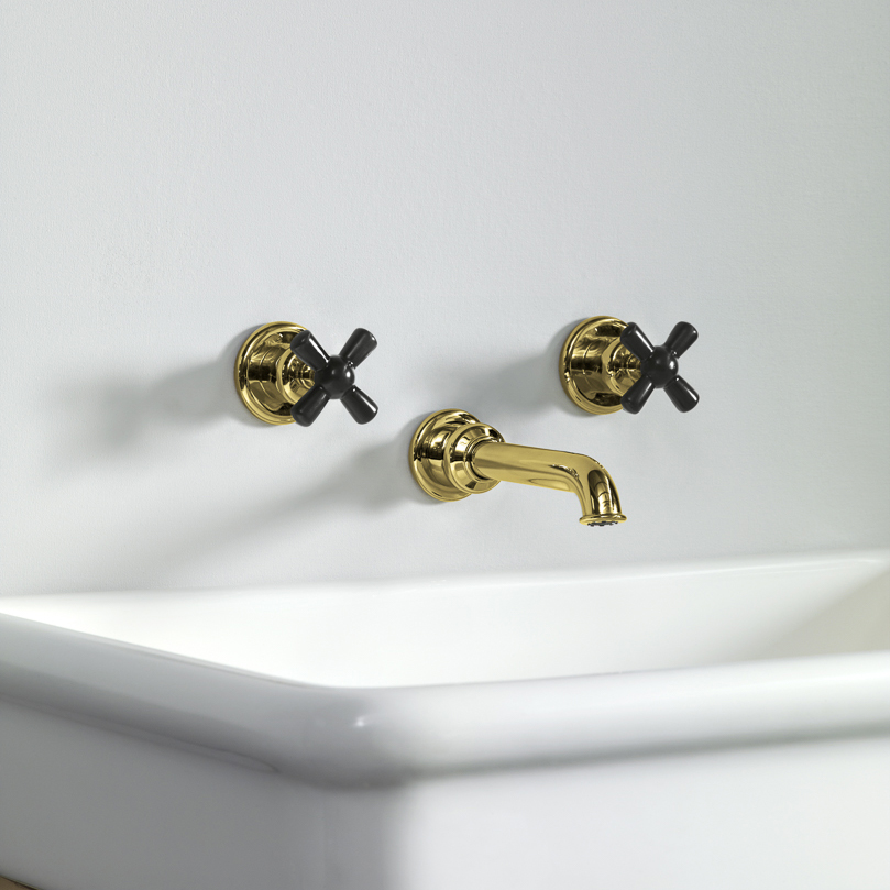 Rockwell wall-mounted basin mixer with 165mm tubular spout & metal/coloured crosshead taps
