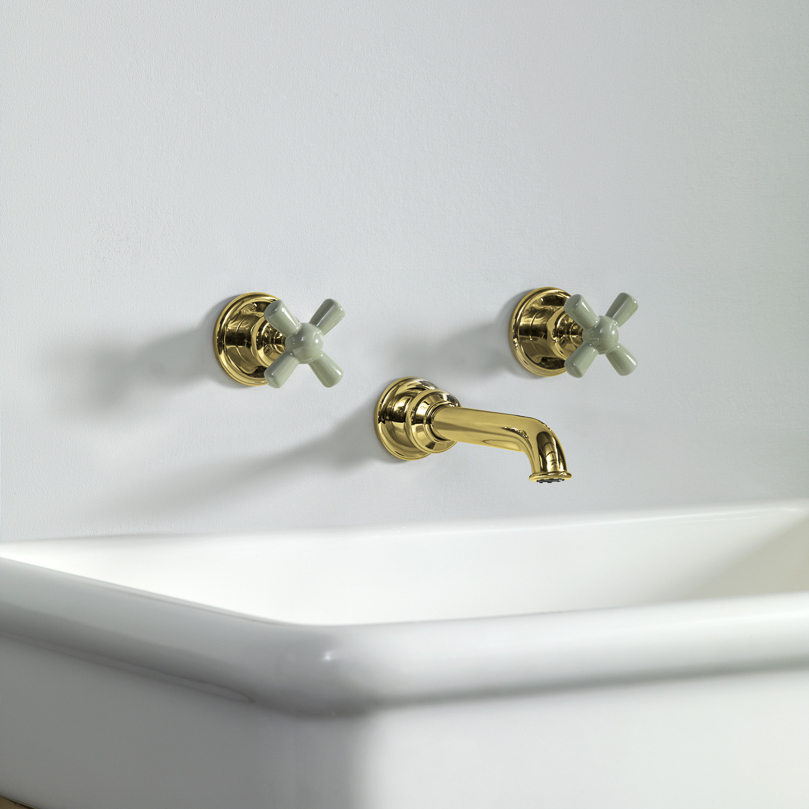 Rockwell wall-mounted basin mixer with 200mm tubular spout & metal/coloured crosshead taps