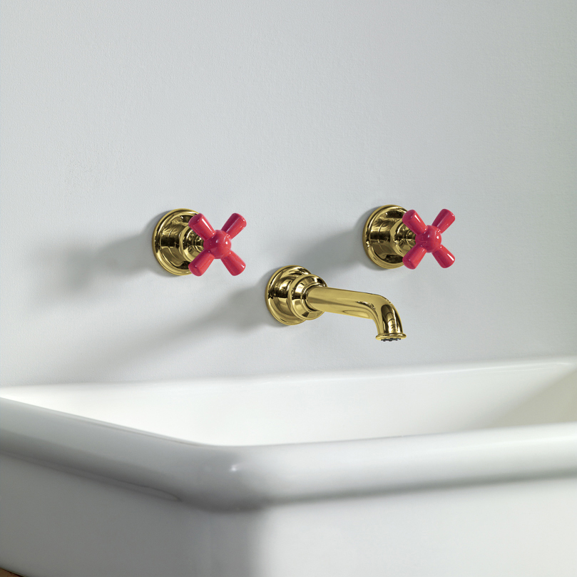 Rockwell wall-mounted basin mixer with 200mm tubular spout & metal/coloured crosshead taps