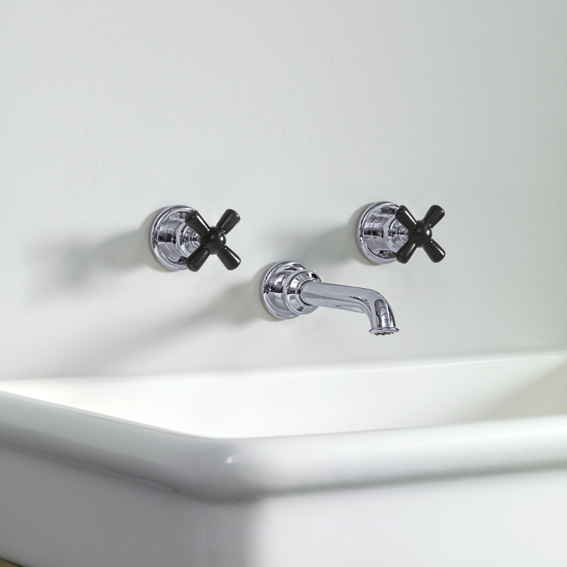 Rockwell wall-mounted basin mixer with 200mm tubular spout & metal/coloured crosshead taps