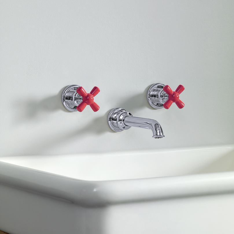 Rockwell wall-mounted basin mixer with 200mm tubular spout & metal/coloured crosshead taps