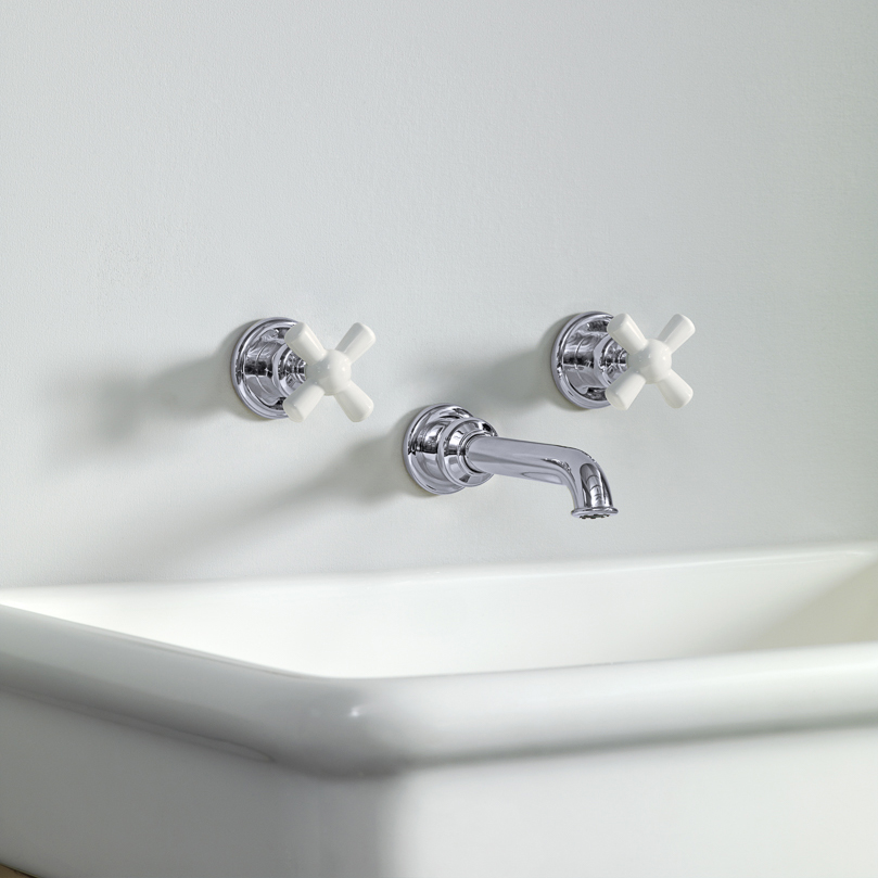 Rockwell wall-mounted basin mixer with 200mm tubular spout & metal/coloured crosshead taps