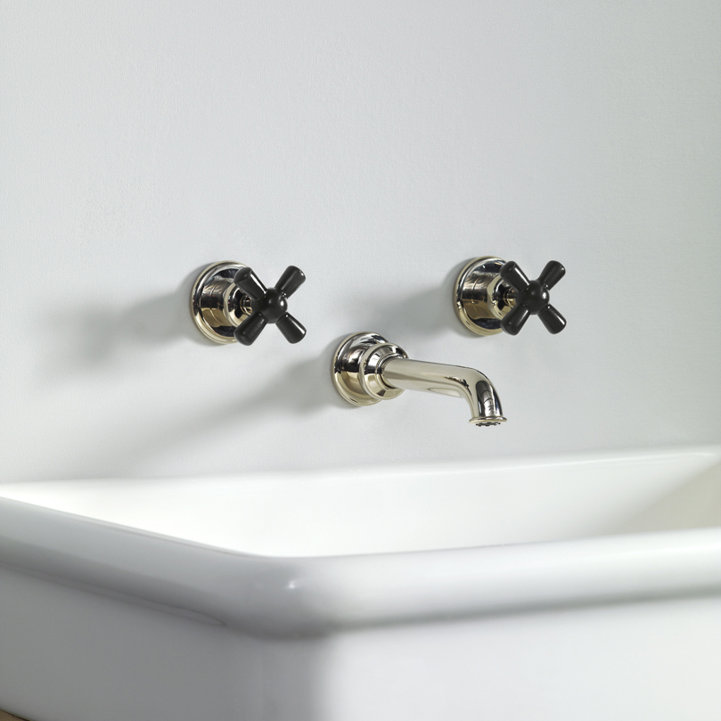 Rockwell wall-mounted basin mixer with 200mm tubular spout & metal/coloured crosshead taps