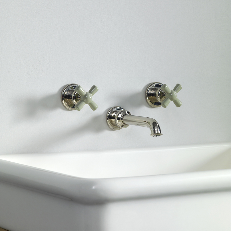 Rockwell wall-mounted basin mixer with 200mm tubular spout & metal/coloured crosshead taps