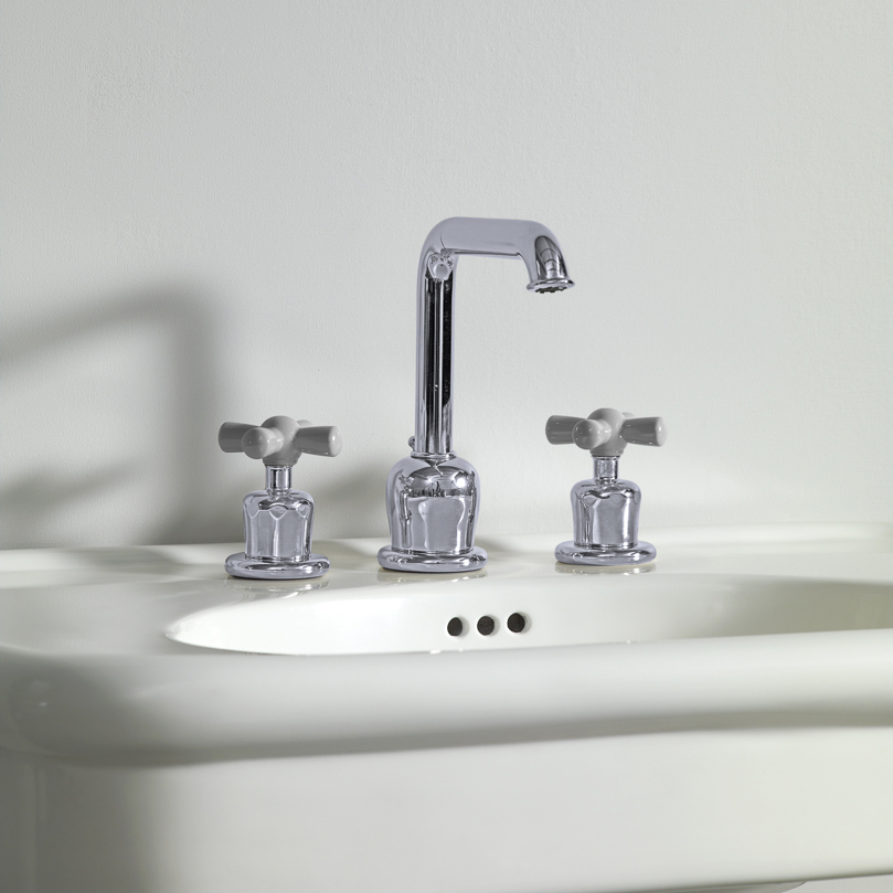 Rockwell 3 hole basin mixer with high spout & metal/coloured crosshead taps