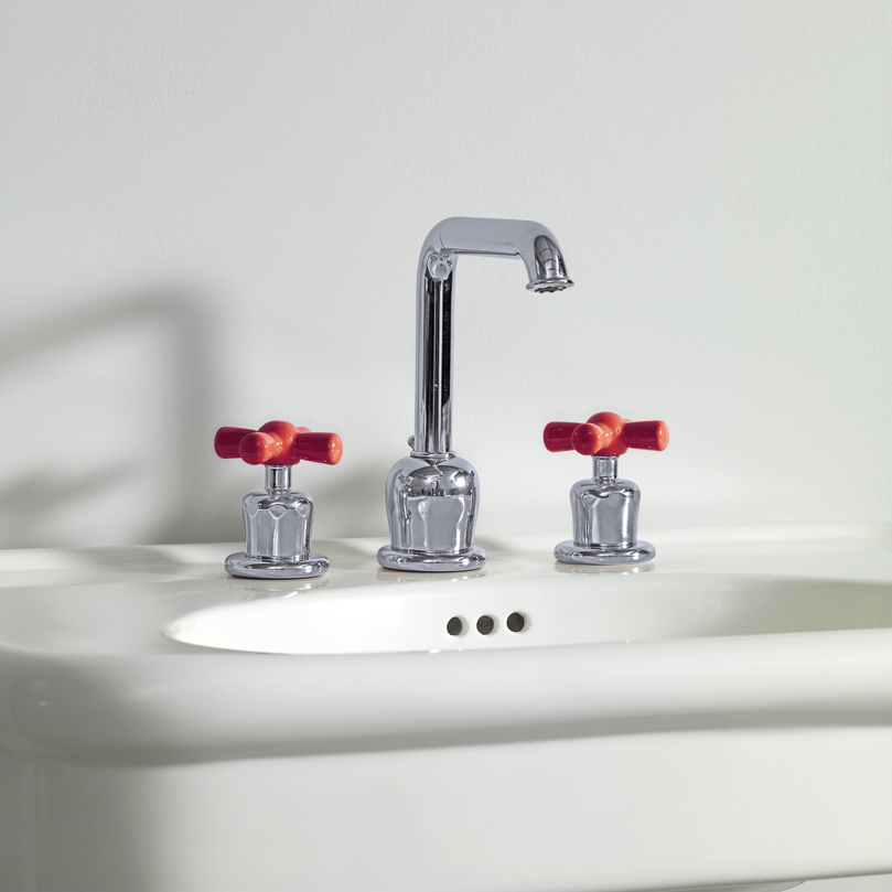 Rockwell 3 hole basin mixer with high spout & metal/coloured crosshead taps