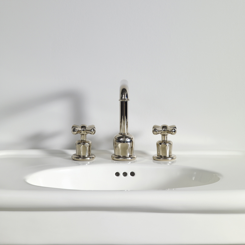 Rockwell 3 hole basin mixer with high spout & metal/coloured crosshead taps