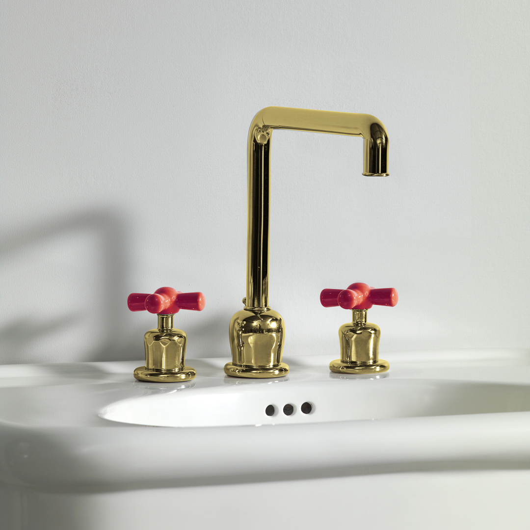 Rockwell 3 hole kitchen mixer with metal/coloured crosshead taps